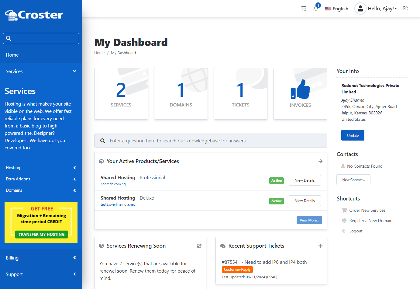 Croster WHMCS Theme - Primary Side Menu