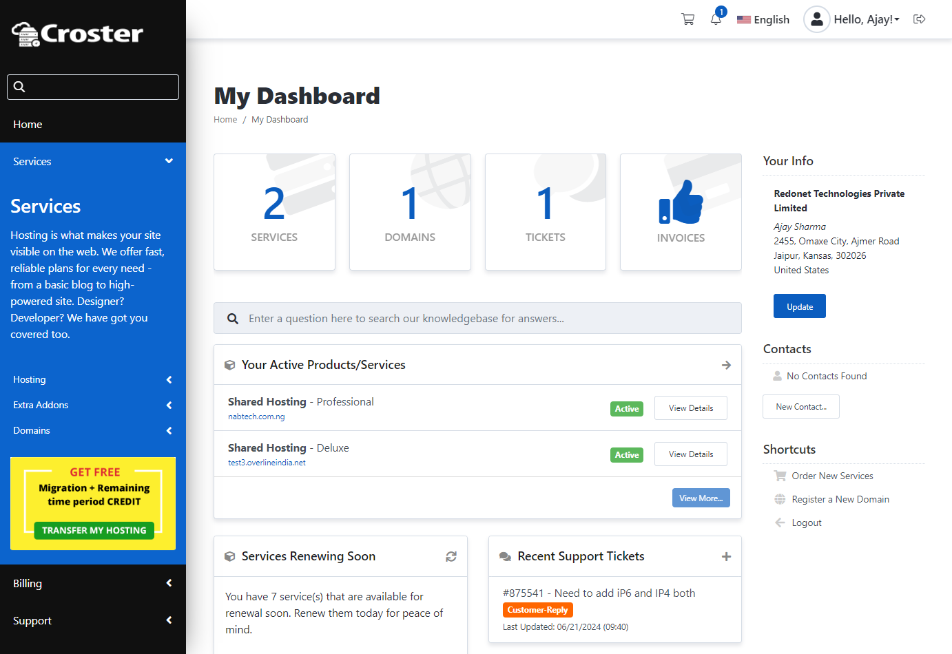 Croster WHMCS Theme - Dark Side Menu